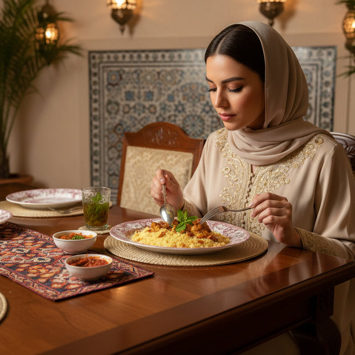 Woman in hijab enjoying a meal at a decorated dining table.