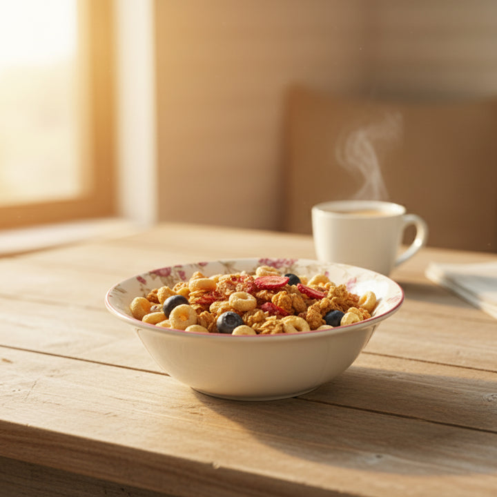 Bowl of cereal with berries and a steaming cup of coffee on a wooden table.