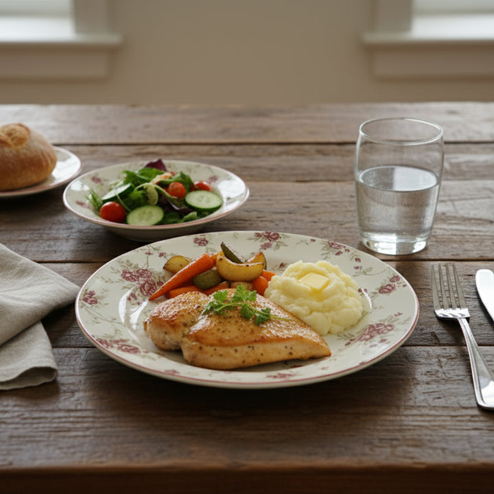 Dinner setting with chicken, mashed potatoes, and salad on a wooden table.