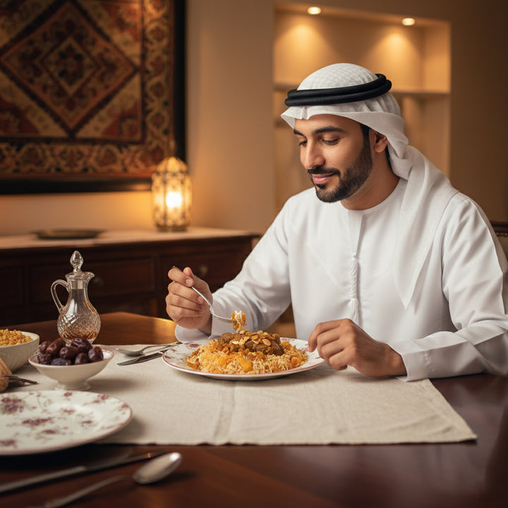Man in traditional attire enjoying a meal at a dining table.