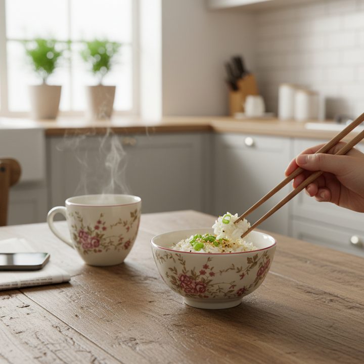 Person using chopsticks to eat from a floral bowl with a steaming cup of tea on a wooden table in a kitchen.