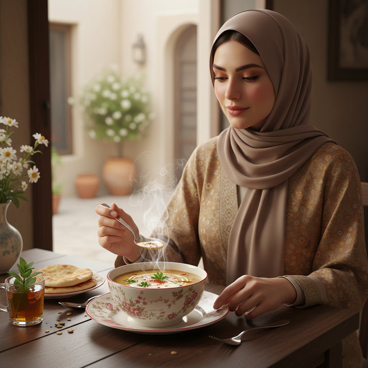 Woman in hijab enjoying a bowl of soup at a table with a tea cup and bread.