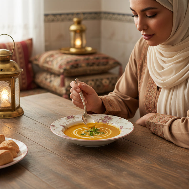 Woman eating soup at a table with lanterns and cushions in the background