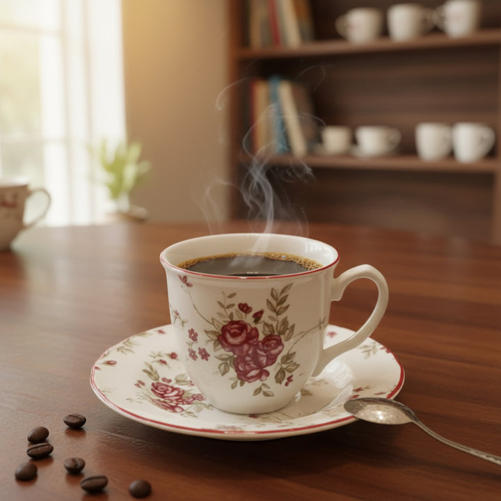 Steaming coffee cup with floral design on a wooden table, surrounded by coffee beans and a spoon.