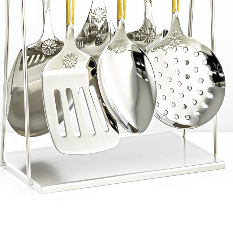 CUT0010382 7-Piece Stainless Steel Kitchen Tool Set with Stand – Gold and Silver