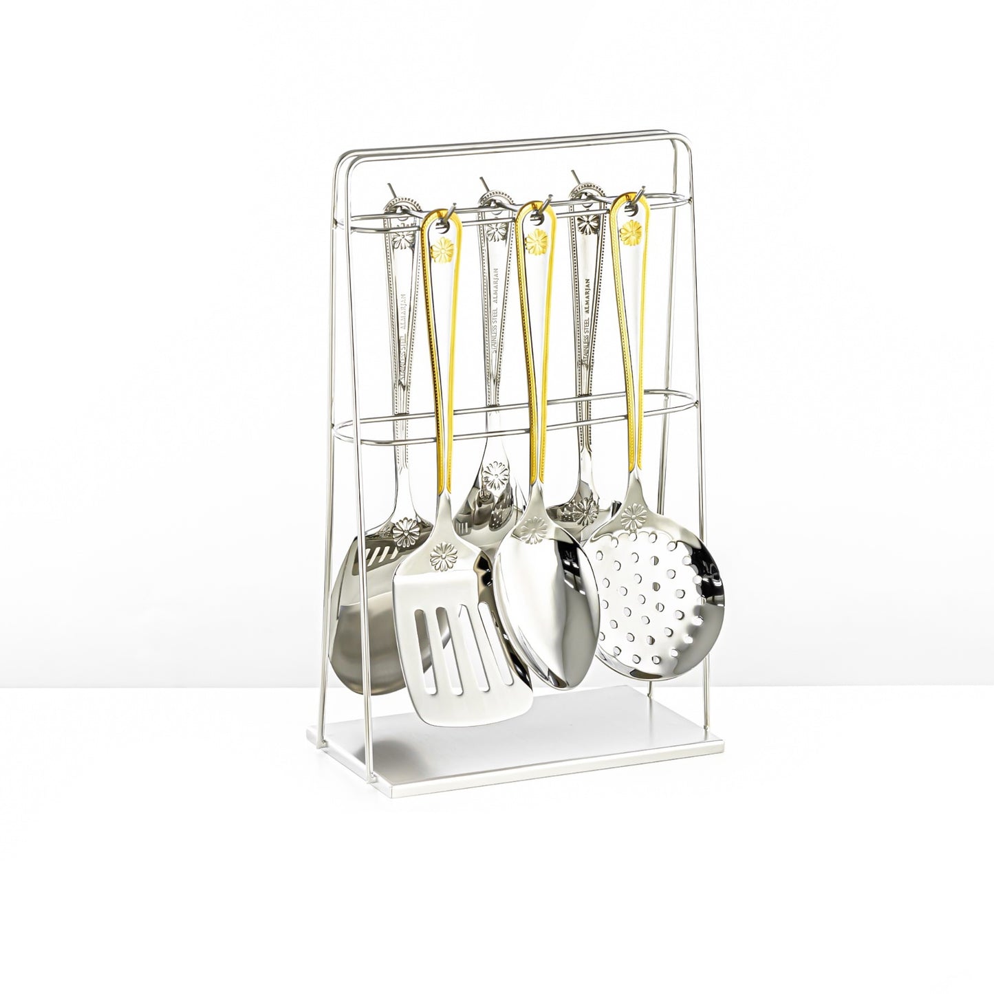 CUT0010382 7-Piece Stainless Steel Kitchen Tool Set with Stand – Gold and Silver