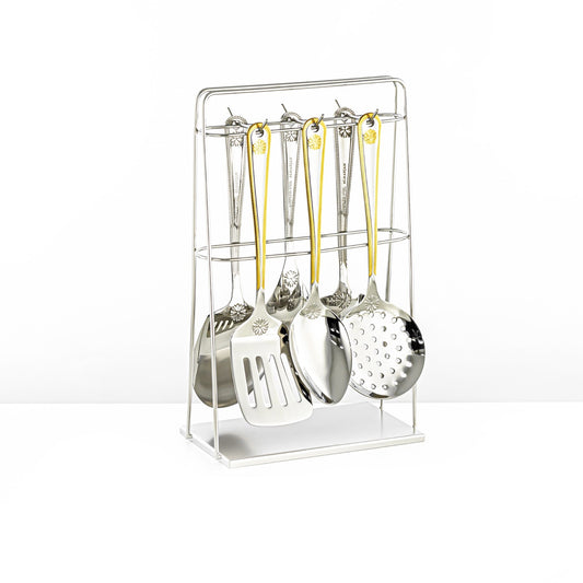 CUT0010382 7-Piece Stainless Steel Kitchen Tool Set with Stand – Gold and Silver