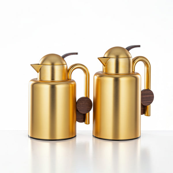 FG819 Vacuum Flask 2-Piece Set (1.5L + 1.0L) – Matt Gold & Dark Wooden Finish