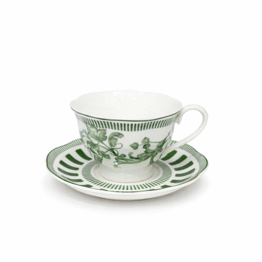 BX-23 Turkish Coffee Cup & Saucer Set – 12 Pieces – White Porcelain with Green Botanical Pattern