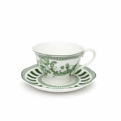 BX-23 Turkish Coffee Cup & Saucer Set – 12 Pieces – White Porcelain with Green Botanical Pattern