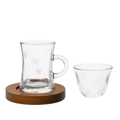 1470B43TK Glassware Set – 18-Piece Clear Glass Tea & Coffee Set with Wooden Base