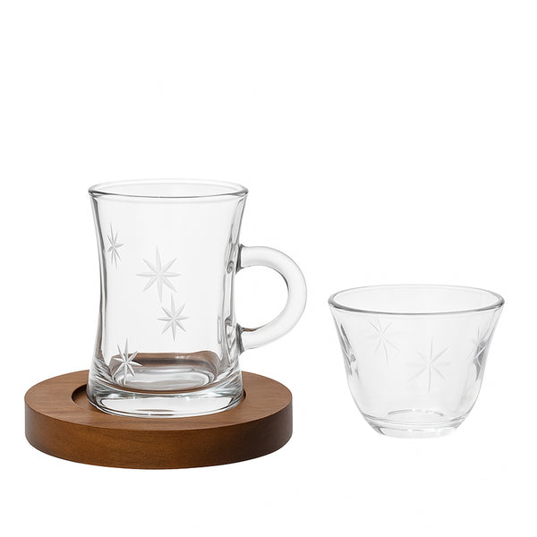 1470B43TK Glassware Set – 18-Piece Clear Glass Tea & Coffee Set with Wooden Base