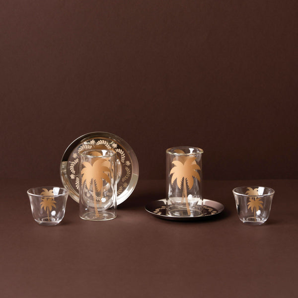 GT1126 Tea & Cawa Cup Set – 18-Piece – Elegant Clear Glass Design with Gold Palm Motif for Arabic Serving
