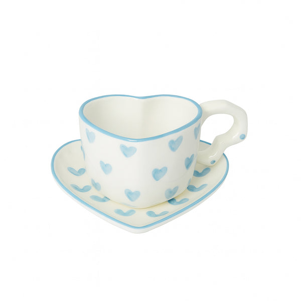 1512-05 Ceramic Cup & Saucer – Light Blue Heart Print Design