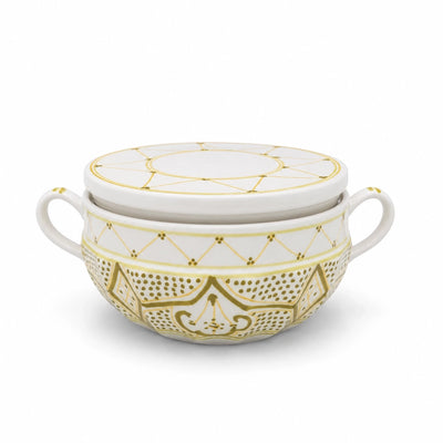P-B Green Molokhia Ceramic Soup Tureen Set – 30 cm – White with Olive Gold Design