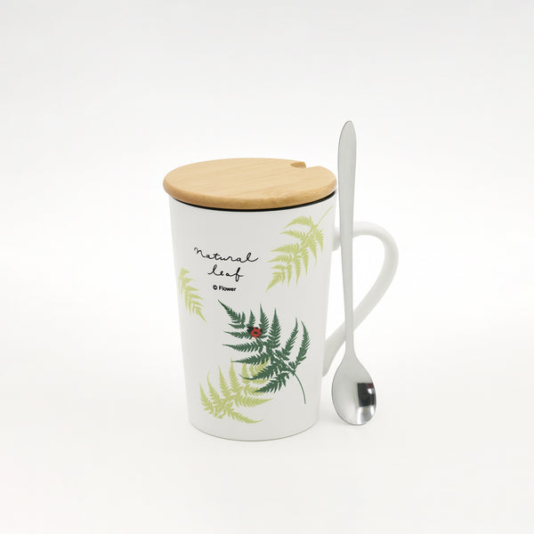 551A-3 Ceramic Mug with Lid & Spoon – “Natural Leaf” Print Design