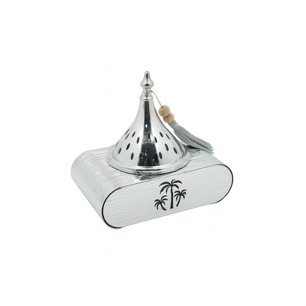 301-30 Bakhoor Burner – Silver Palm Tree Design with Wooden Base & Tassel