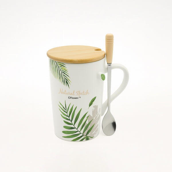 551A-4 Ceramic Mug with Lid & Spoon – “Natural Sketch Leaf” Print Design