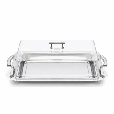 CD-7856 Rectangular Acrylic Serving Tray with Lid – 43 x 32 x 15 CM – Silver Handles & Clear Cover