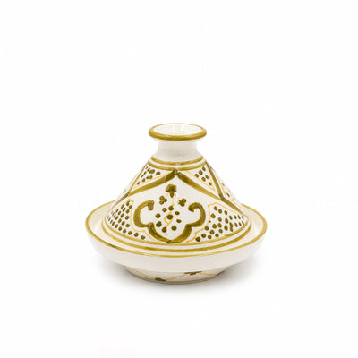 P-B Culinary Art Green Molokhia Ceramic Tagine – 13 cm – White with Olive Gold Design