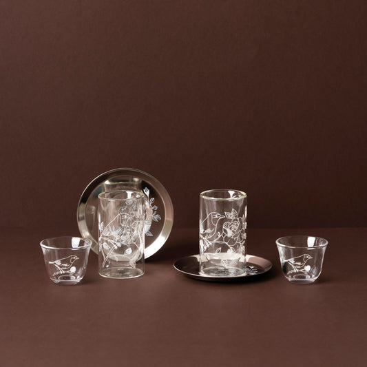 GT1116 Tea & Cawa Cup Set – 18-Piece – Elegant Clear Glass Design with White Bird & Floral Motif for Arabic Serving