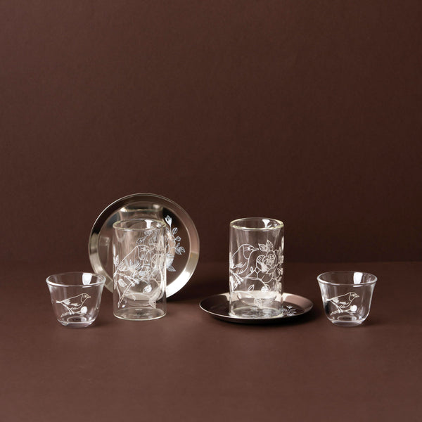 GT1116 Tea & Cawa Cup Set – 18-Piece – Elegant Clear Glass Design with White Bird & Floral Motif for Arabic Serving