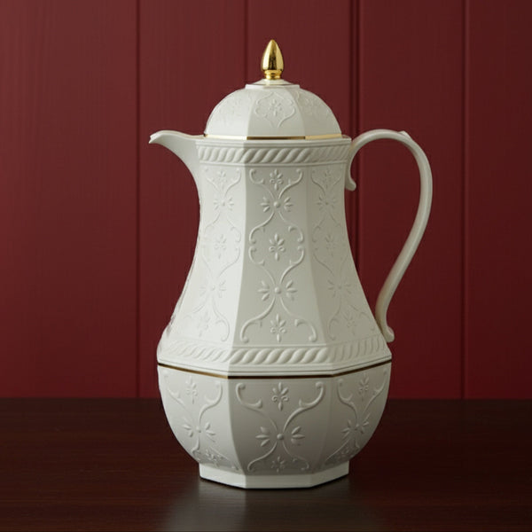 RS-624 Rose Vacuum Flask – 1.3L – Tea Server – Ivory Finish with Golden Accents