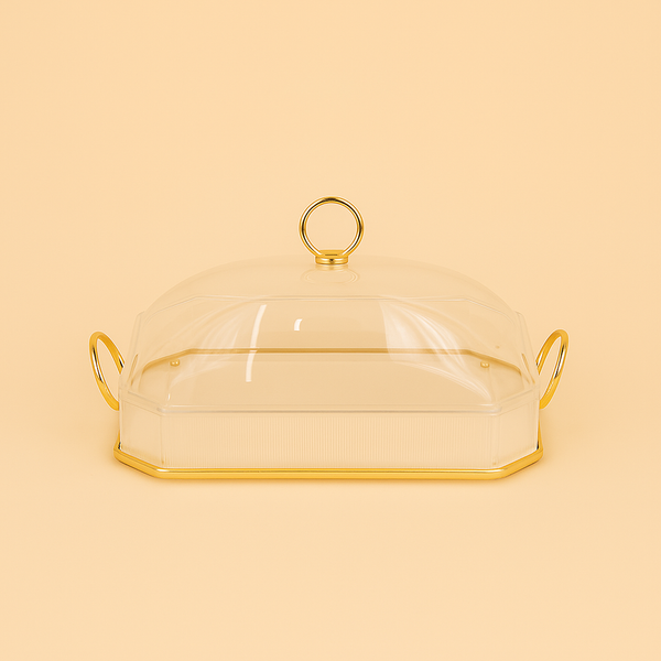 Acrylic Serving Tray with Lid and Handle – 34 cm (W) x 27 cm (L) – Gold Finish – CD-7511