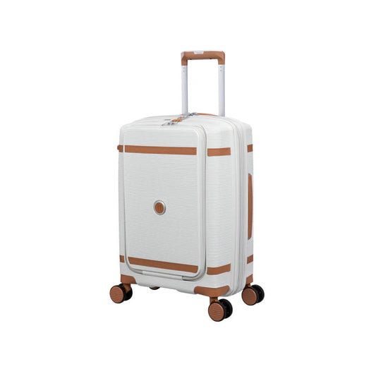 it luggage 21" Cabin Trolley Bag – Hard Case Expandable Spinner Luggage with Front Pocket, TSA Lock, Secure-it Zippers, PP Shell, SKU 15-3108-08 – Beige with Leather Strap