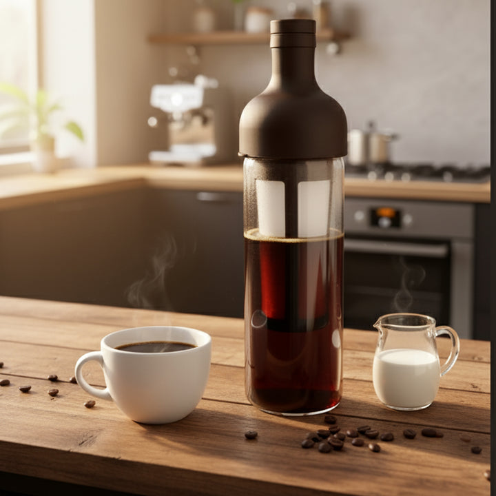 Bottle of coffee, cup of coffee, and pitcher of milk on a wooden table in a kitchen.