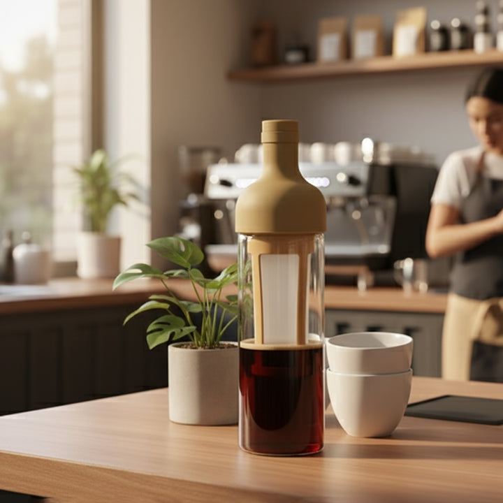 Bottle-shaped coffee maker with coffee on a table in a kitchen setting