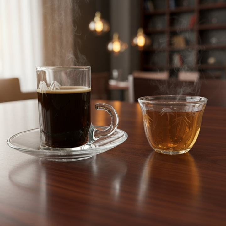 Two glasses of hot beverages on a wooden table with a blurred background