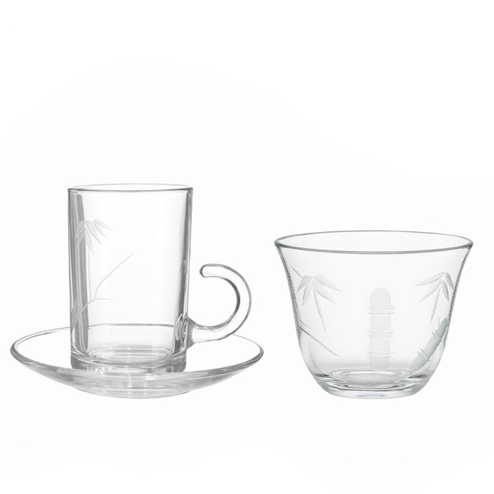 Clear glass cup, saucer, and teacup set on a white background