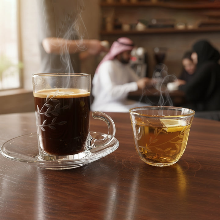 Two glasses of hot beverages on a wooden table with a blurred background of people.