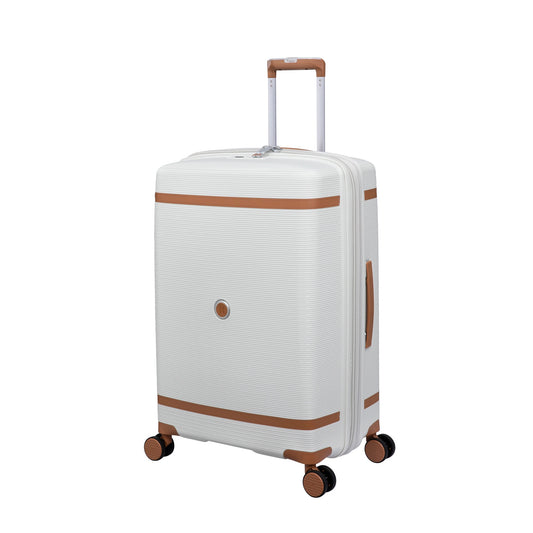 it luggage 25" Medium Trolley Bag – Expandable Hard Case Spinner Luggage with Secure-it Zippers, TSA Lock & Front Pocket, SKU 15-3108-08 – Beige with Leather Strap
