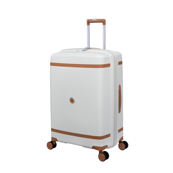 it luggage 25" Medium Trolley Bag – Expandable Hard Case Spinner Luggage with Secure-it Zippers, TSA Lock & Front Pocket, SKU 15-3108-08 – Beige with Leather Strap