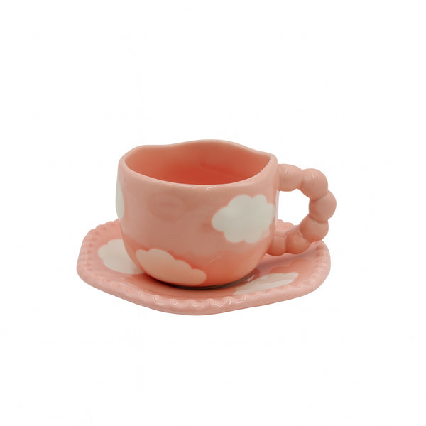 1519-03 Ceramic Mug & Saucer – 300ml – Pink Cloud Design with Bubble Handle