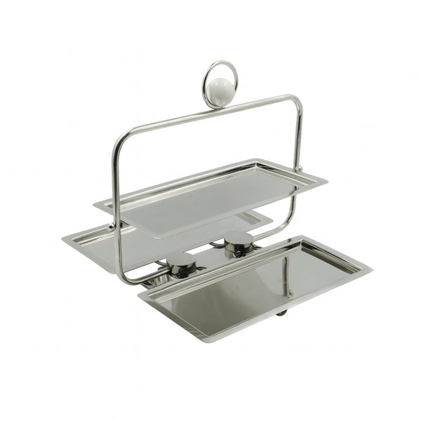 SBTC275 Steel Rectangle 3-Tier Stand – Foldable Serving Display with Marble Top Knob