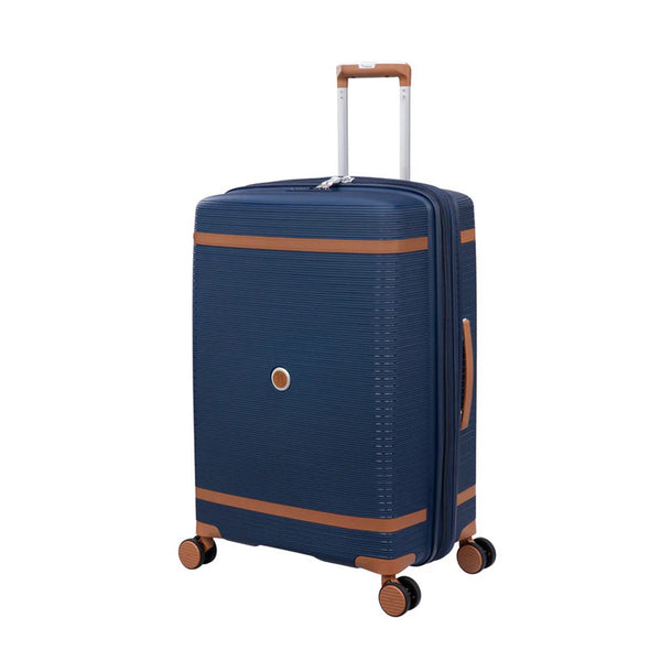 it luggage 25" Medium Trolley Bag – Expandable Hard Shell Spinner Luggage with TSA Lock, Secure-it Zippers & Front Pocket, SKU 15-3108-08 – Blue with Leather Strap