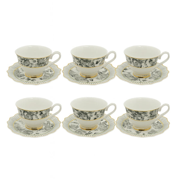 GP-46 Milk Cup & Saucer Set – 6 Pieces – Elegant Porcelain with Black Floral Design and Gold Rim