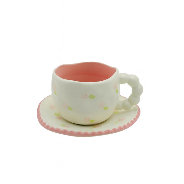 1519-07 Ceramic Mug & Saucer – 300ml – White with Pink Rose Print & Bubble Handle