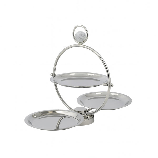 SBTC274 Steel Round 3-Tier Stand – Foldable Serving Display with Marble Top Knob