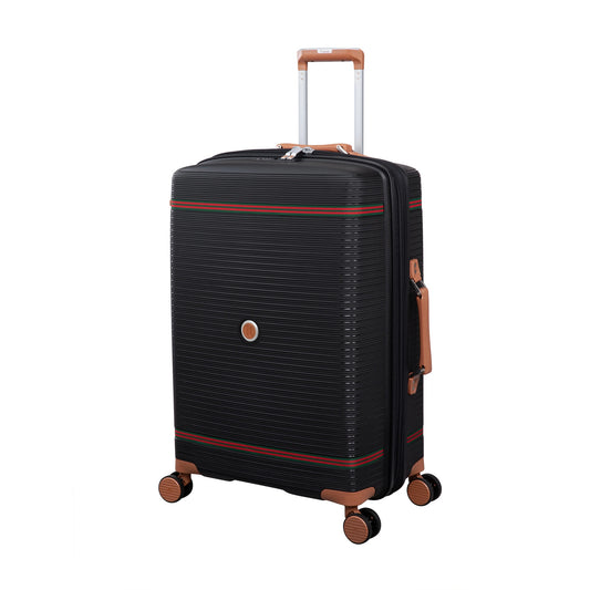 it luggage 25" Medium Trolley Bag – Expandable PP Hard Shell Spinner with TSA Lock, Secure-it Zippers & Green/Red Webbing, SKU 15-3108-08 – Black with Almond Trim