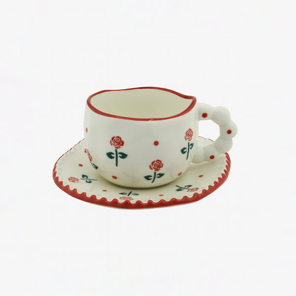 1519-08 Ceramic Mug & Saucer – 300ml – Red Rose Design with Bubble Handle