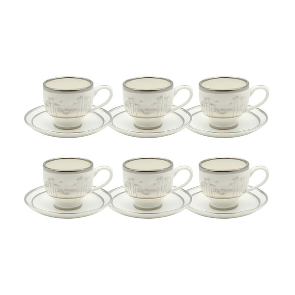 1577S Coffee Cup & Saucer Set – 6 Pieces – Elegant White Porcelain with Silver Rim