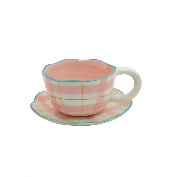 1518-11 Ceramic Mug & Saucer –  Pink Gingham Check Design with Teal Rim