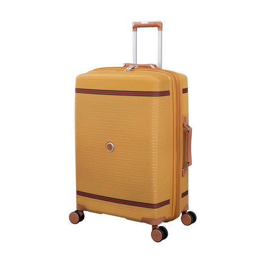 it luggage 25" Medium Trolley Bag – Expandable PP Hard Shell Spinner with TSA Lock, Secure-it Zippers & Green/Red Webbing, SKU 15-3108-08 – Yellow Brown with Almond Trim