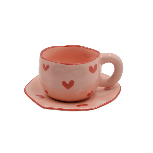 1519-09 Ceramic Mug & Saucer – Pink Heart Design with Matching Saucer