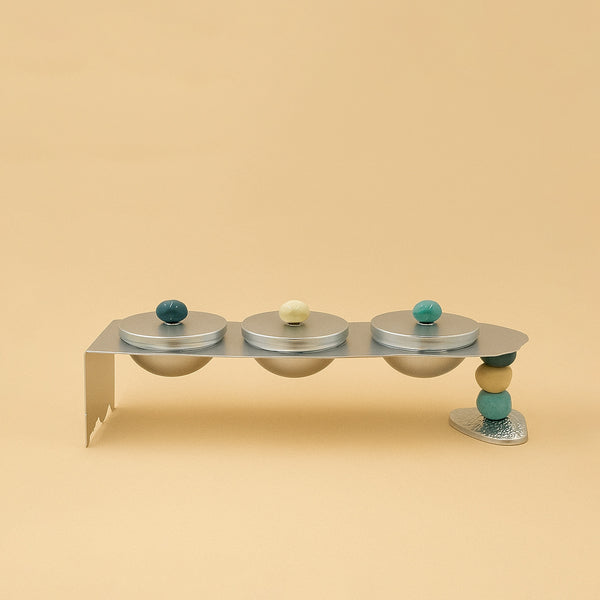 25236-95 – Fruit Bowl 3-Piece Set with Lids – Silver Stand with Beaded Stem