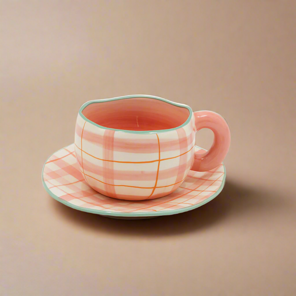 Ceramic Cup & Saucer with Pink Plaid Design – Glossy Finish & Pastel Interior 1511-15/99319-08